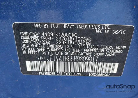 2017 Subaru Wrx из США, поврежденный, VIN JF1VA1B66H9809817